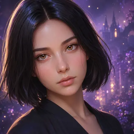 Cassia Arden, a dark-haired woman in a black collar, against a violet night city.