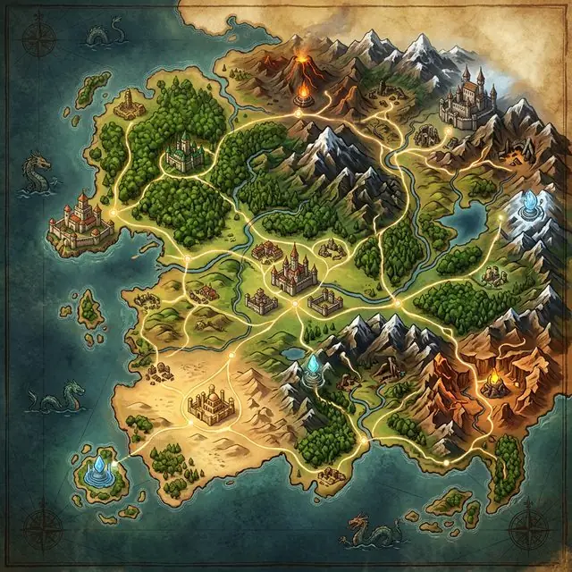 The painted campaign map: green forests at the centre, a desert to the south-west, frozen peaks to the east and a volcano in the north, joined by glowing roads.