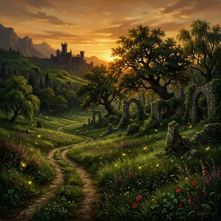 A path through green hills toward a castle at sunset.