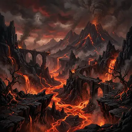 Black stone bridges over rivers of lava beneath a volcano.