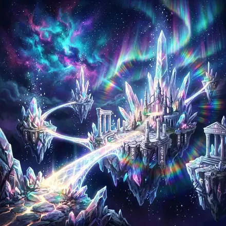 A citadel of crystal spires floating under an aurora.
